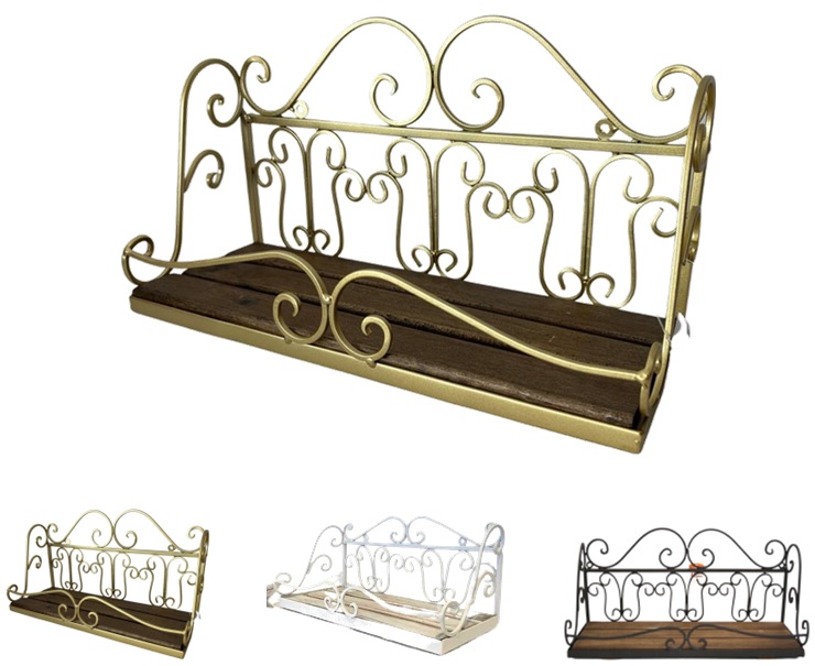 מדף עץ מעוצב + מסגרת ועיטורי ברזל 30 ס"מ